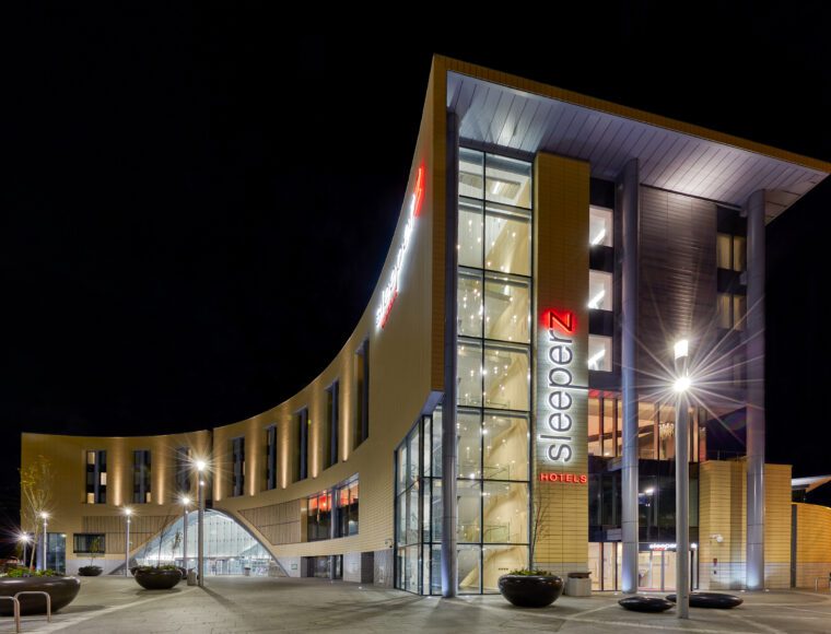 Nightlife exterior of the Sleeperz Dundee building.