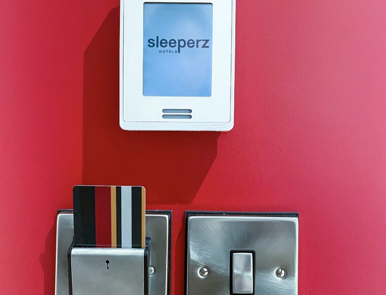 The Sleeperz Hotel keycard system, with a card holder and light switch.