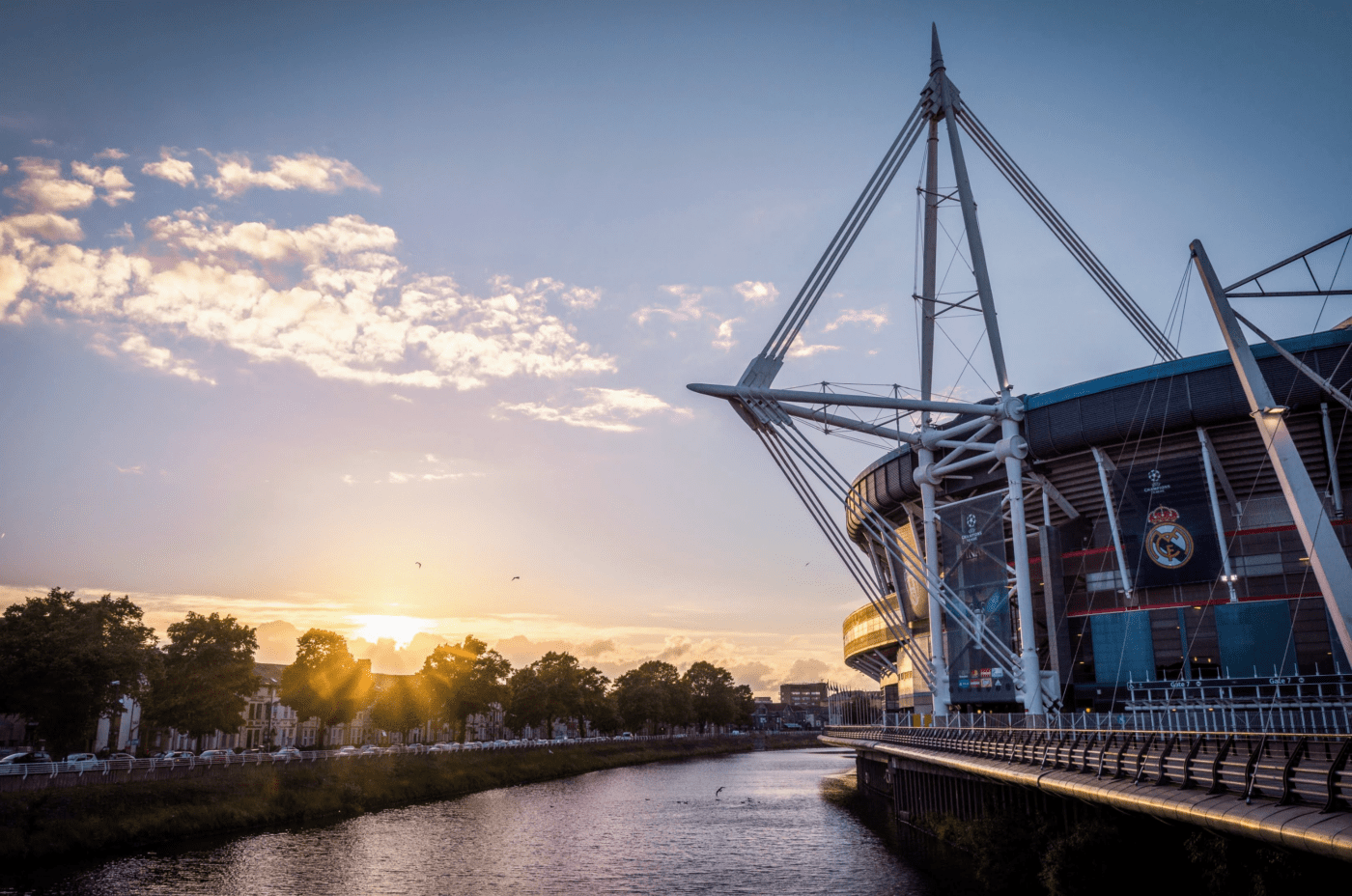 Principality Stadium at Dusk in Cardiff, with a cloudy sky.